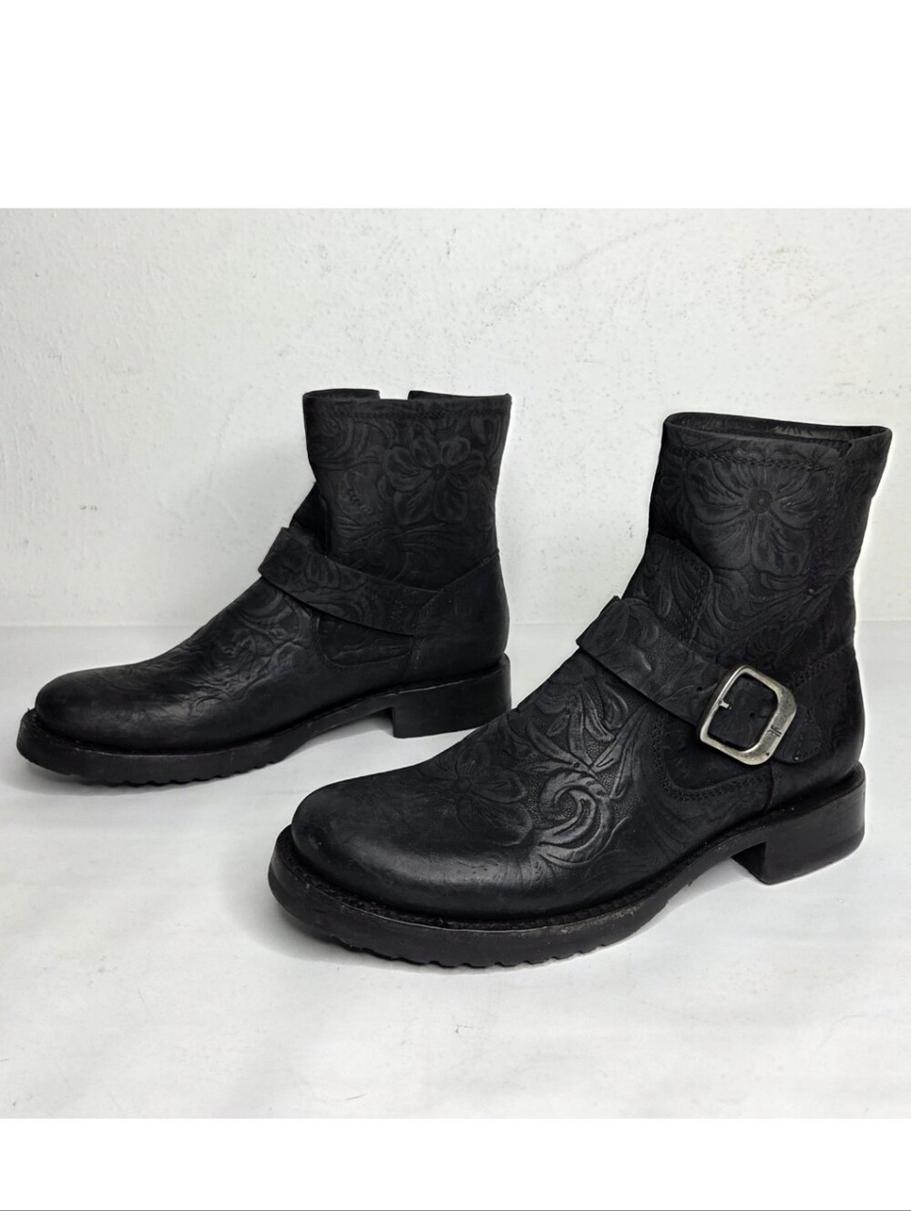 Frye Veronica Bootie Womens 6B Floral Tooled Leather Moto Goth Dark Romantic Blk